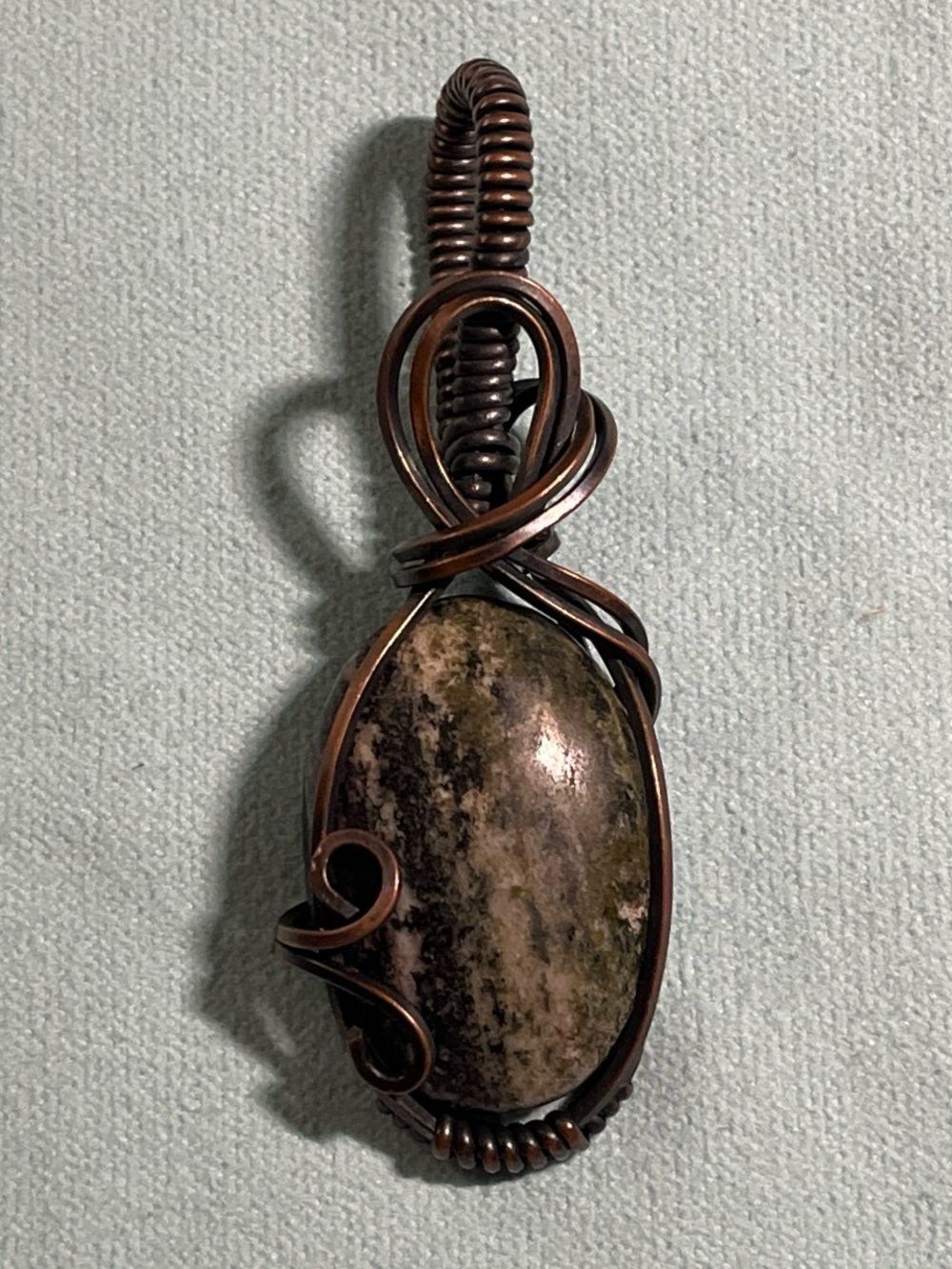 Handcrafted copper wire-wrapped pendant  oval-shaped Picture Jasper stone